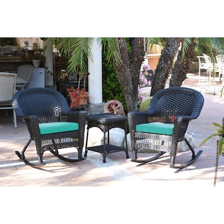 Jeco W00207R-D-2-RCES032 Black Rocker Wicker Chair Set with Turquoise Cushion - 3 Piece W00207R-D_2-RCES032